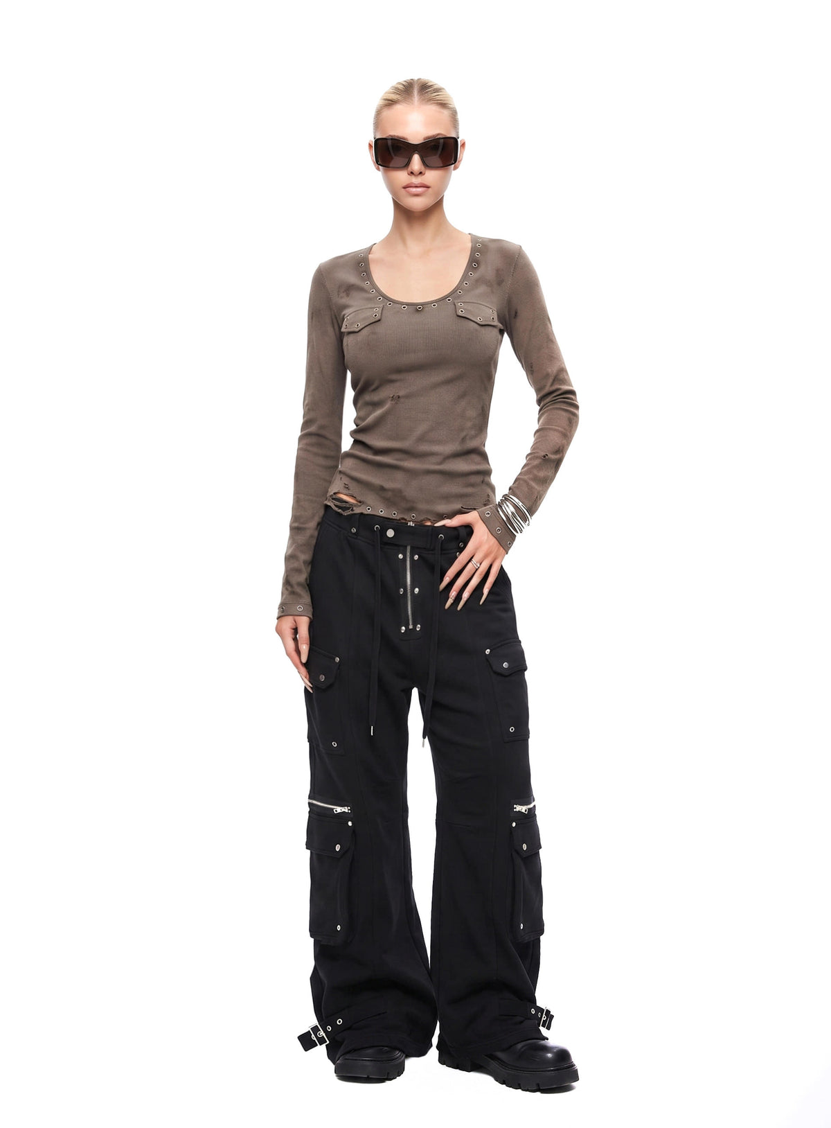 [w-tee26-267] Raven Distressed Eyelet Deep Round Long Sleeve - Brown