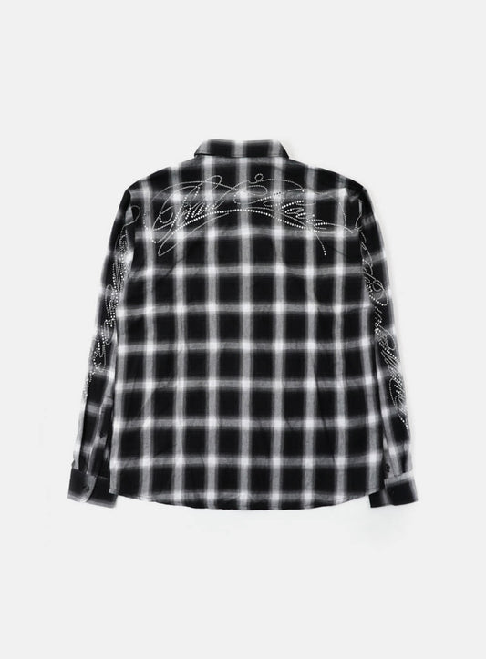[w-sht25-017] Dark Classic MYM Rhinestone Shirt - White Check
