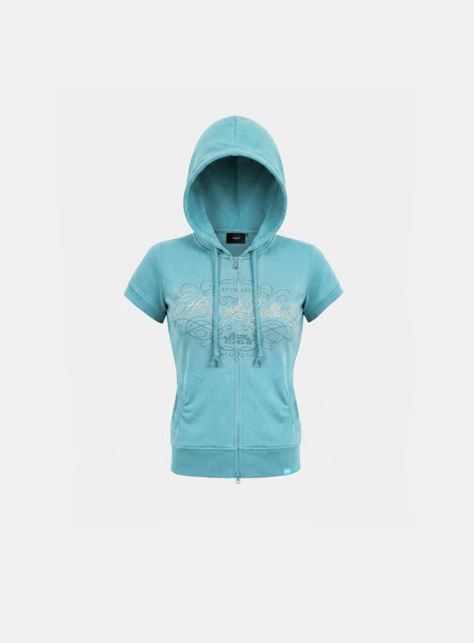 [w-hde26-049] H.B.B. Rhinestone 1/2 Sleeve Hooded Zip-Up - Mint