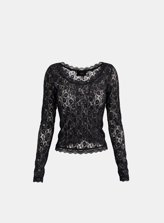 [w-tee26-284] H.B.B. Lace Deep Round Long Sleeve - Black
