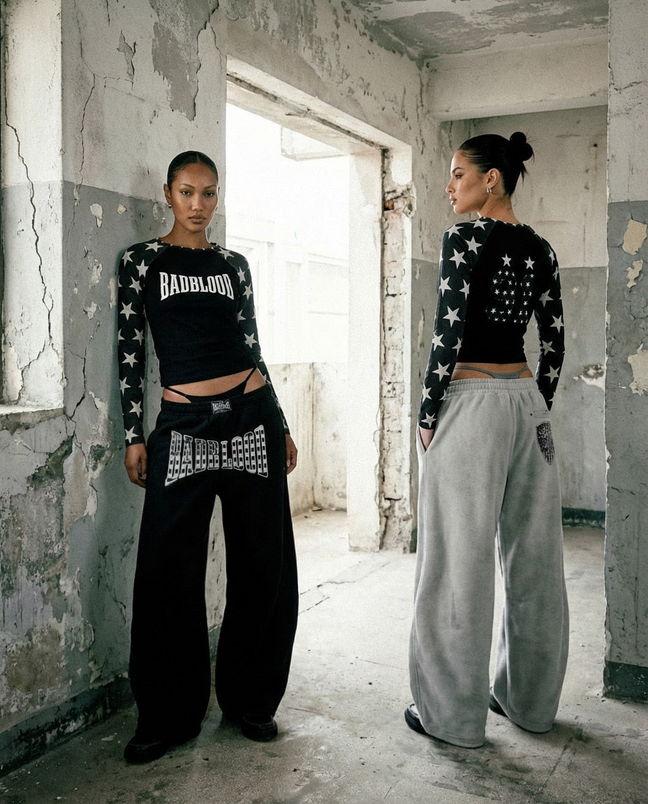 [w-tee25-204] Contrast Long Sleeve - Black Star