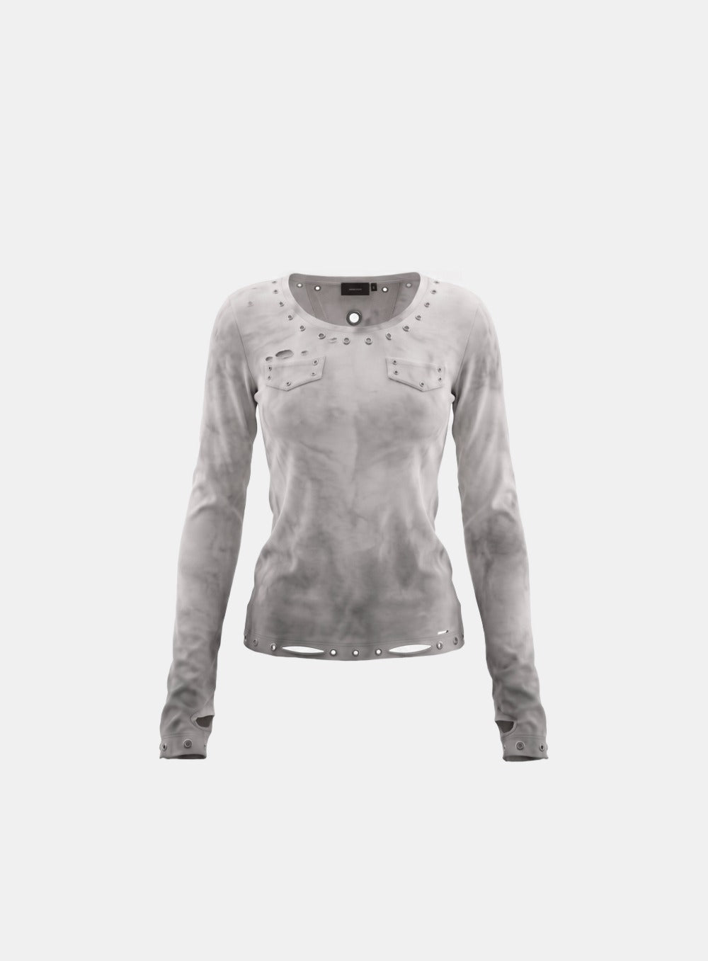 [w-tee26-266] Raven Distressed Eyelet Deep Round Long Sleeve - White