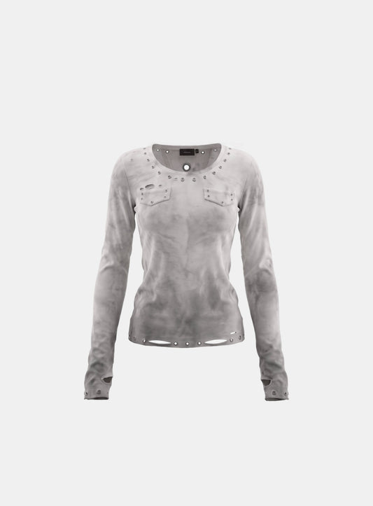 [w-tee26-266] Raven Distressed Eyelet Deep Round Long Sleeve - White