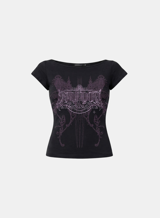 [w-tee26-254] Arcangel Graphic Boat Neck 1/2 T-shirt - Black