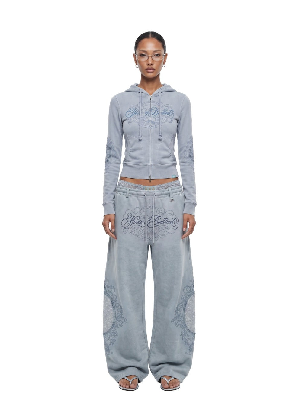 [w-hde26-054] H.B.B. Royal Lace Rhinestone Hooded Zip-Up - Blue