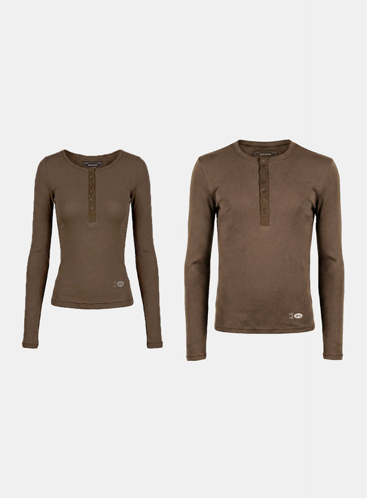 [w-tee26-042] BS Cotton Jersey Fitted Henley Neck Long Sleeve T-Shirt - Brown