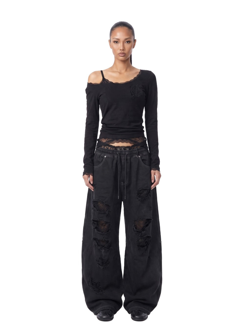 [w-tee26-177] Lace Layered Loose-Fit Long Sleeve T-Shirt - Black