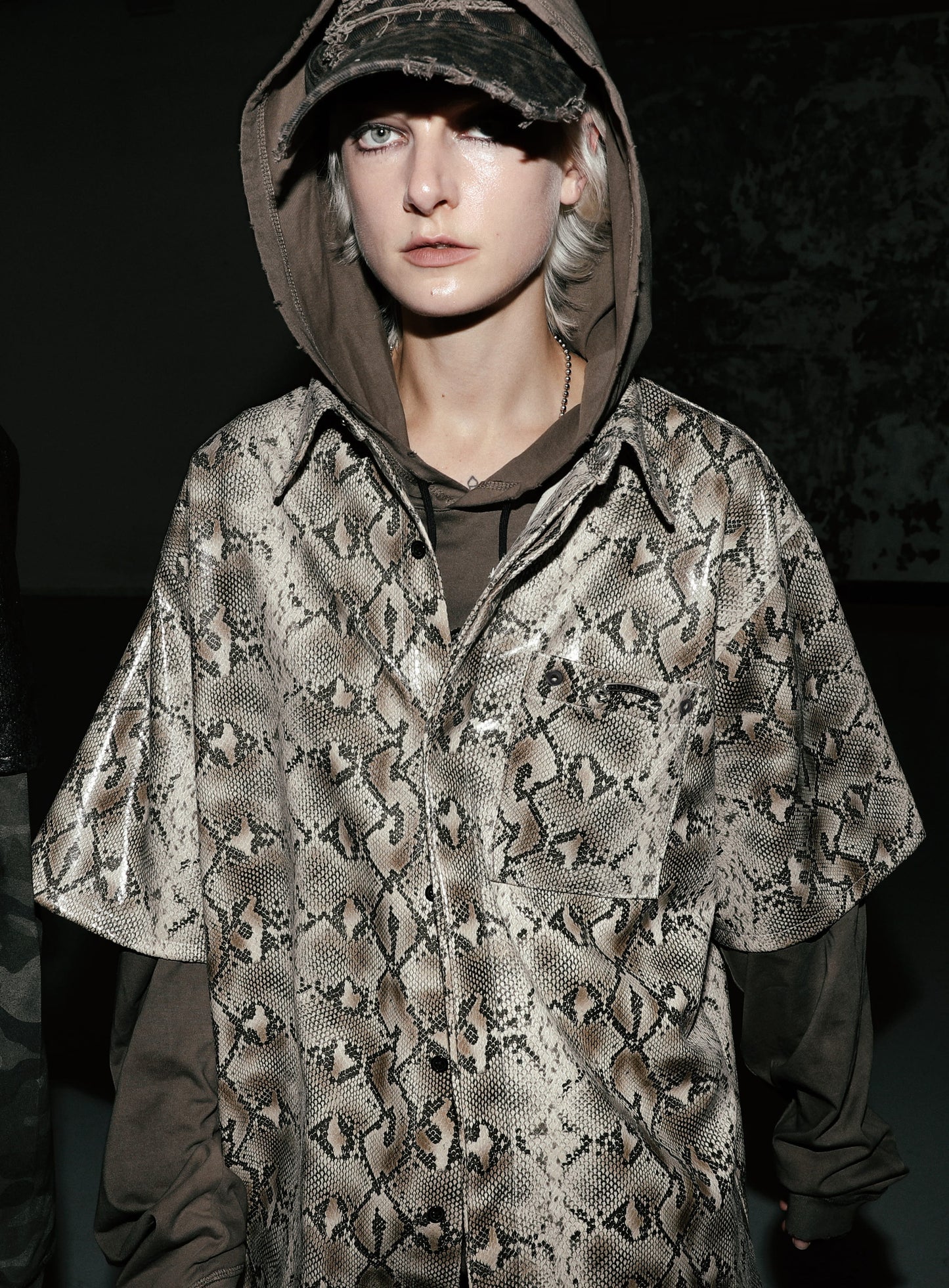 Viper Logo Leather Short Sleeve Shirt - Beige Python