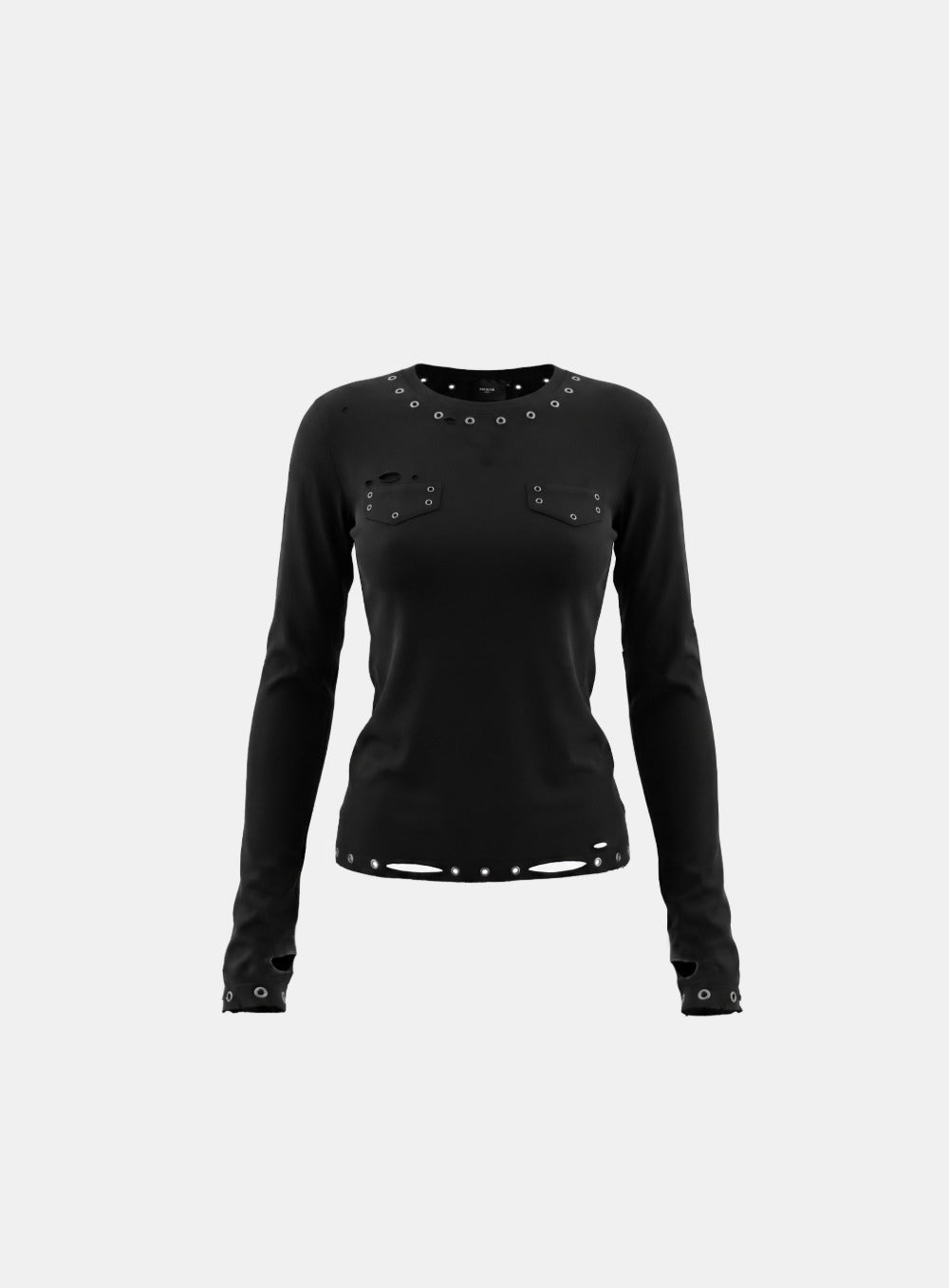[w-tee26-271] Raven Distressed Eyelet Crewneck Long Sleeve - Black