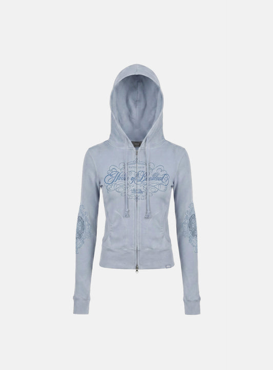 [w-hde26-054] H.B.B. Royal Lace Rhinestone Hooded Zip-Up - Blue