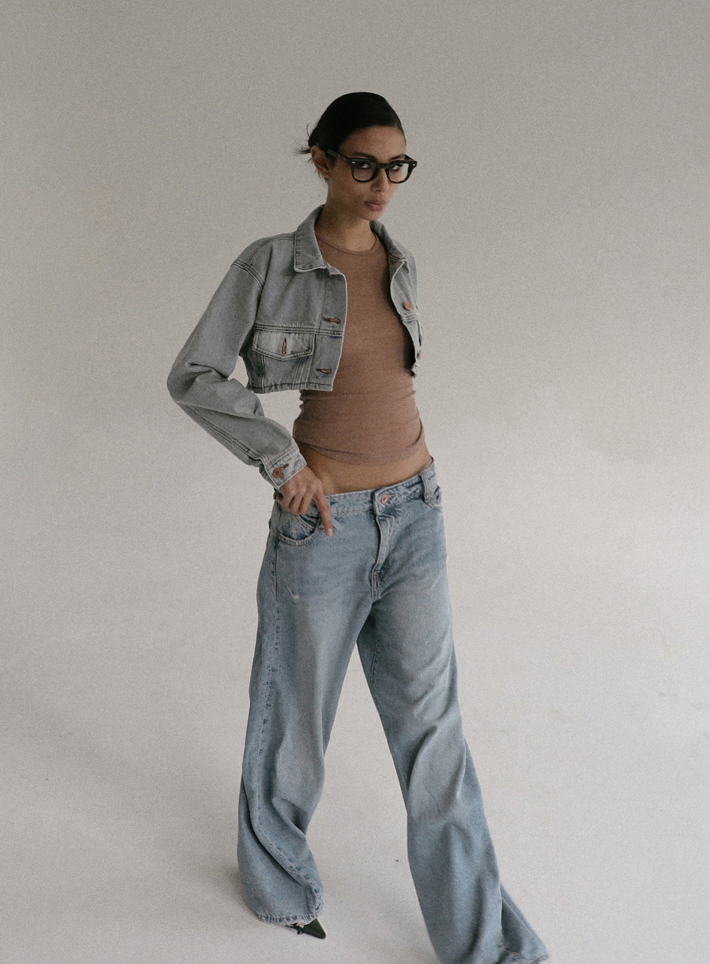 Extra Crop Denim Trucker Jacket - Mid Blue