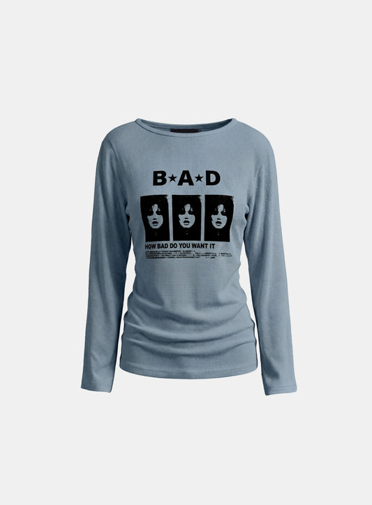 [w-tee26-149] B.A.D. Waffle Boat Neck T-Shirt - Dusty Blue