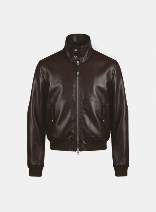 [w-jkt26-014] Leather High-Neck Jacket - Brown