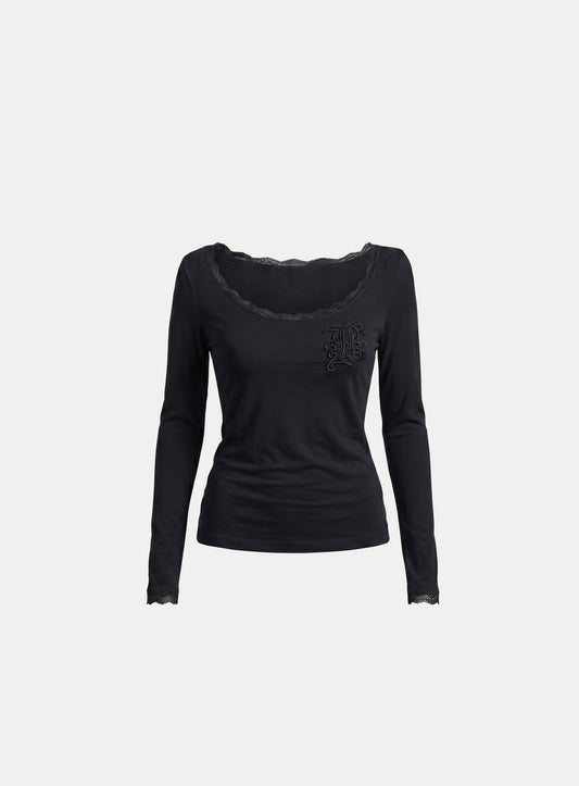 [w-tee26-177] Lace Layered Loose-Fit Long Sleeve T-Shirt - Black