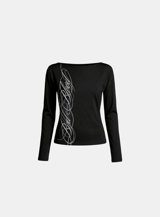 [w-tee26-190] Dark Classic 2 Boat Neck T-shirt - Black