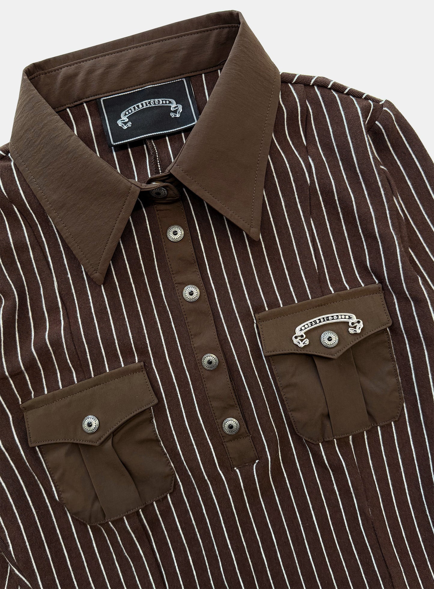 [w-tee26-107] Vintage Jersey Polo 3/4 Sleeve Shirt - Brown Stripe
