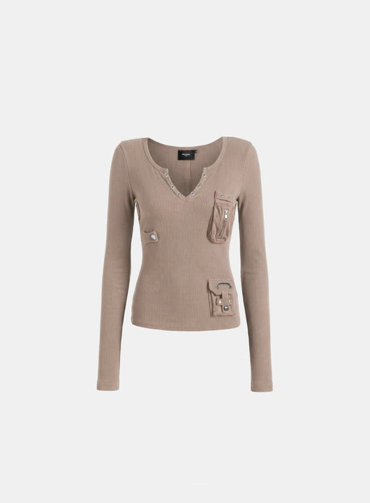 [w-tee26-259] Delta 2 Utility Cotton Rib Slit Crew Long Sleeve - Tan