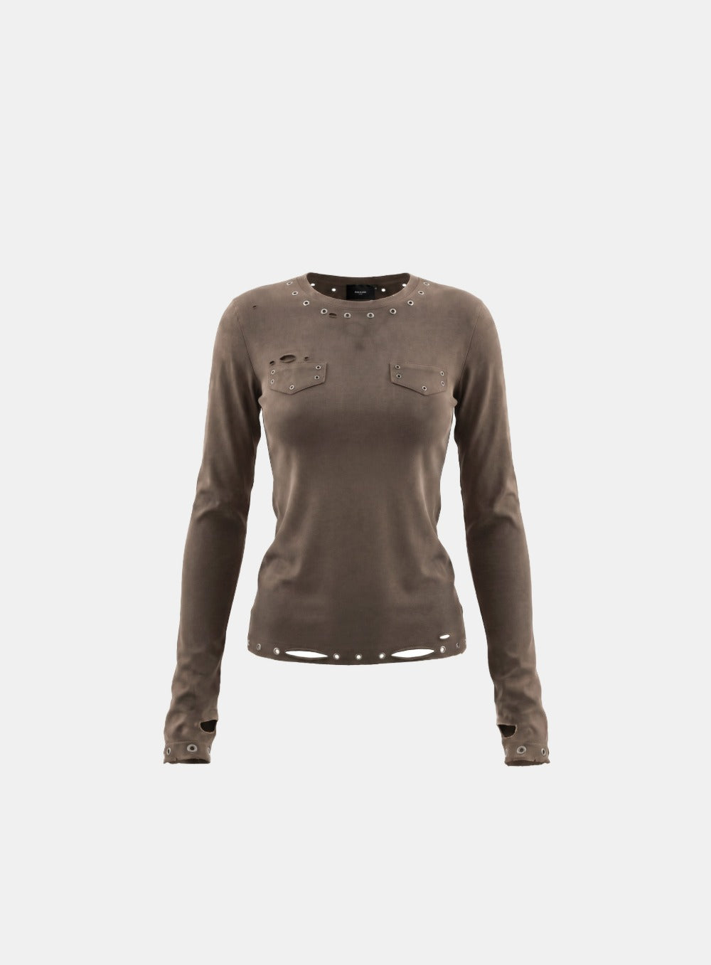 [w-tee26-270] Raven Distressed Eyelet Crewneck Long Sleeve - Brown