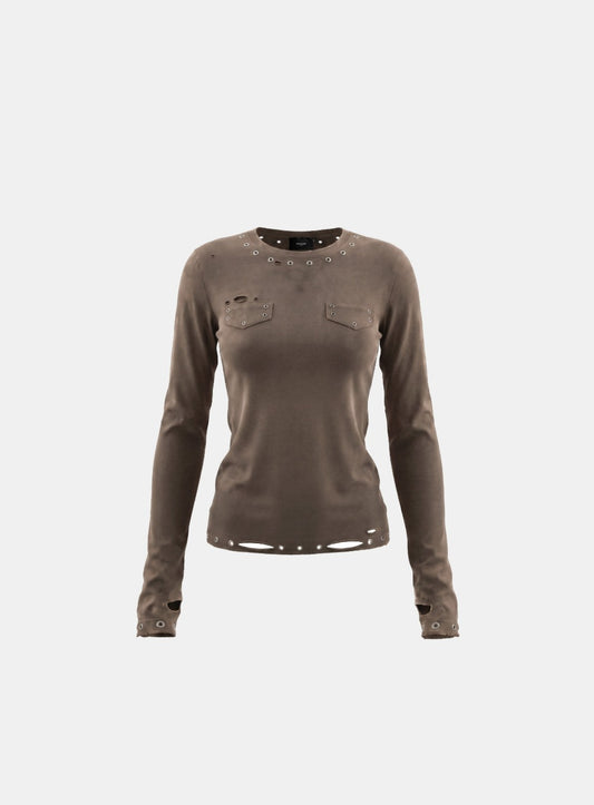 [w-tee26-270] Raven Distressed Eyelet Crewneck Long Sleeve - Brown