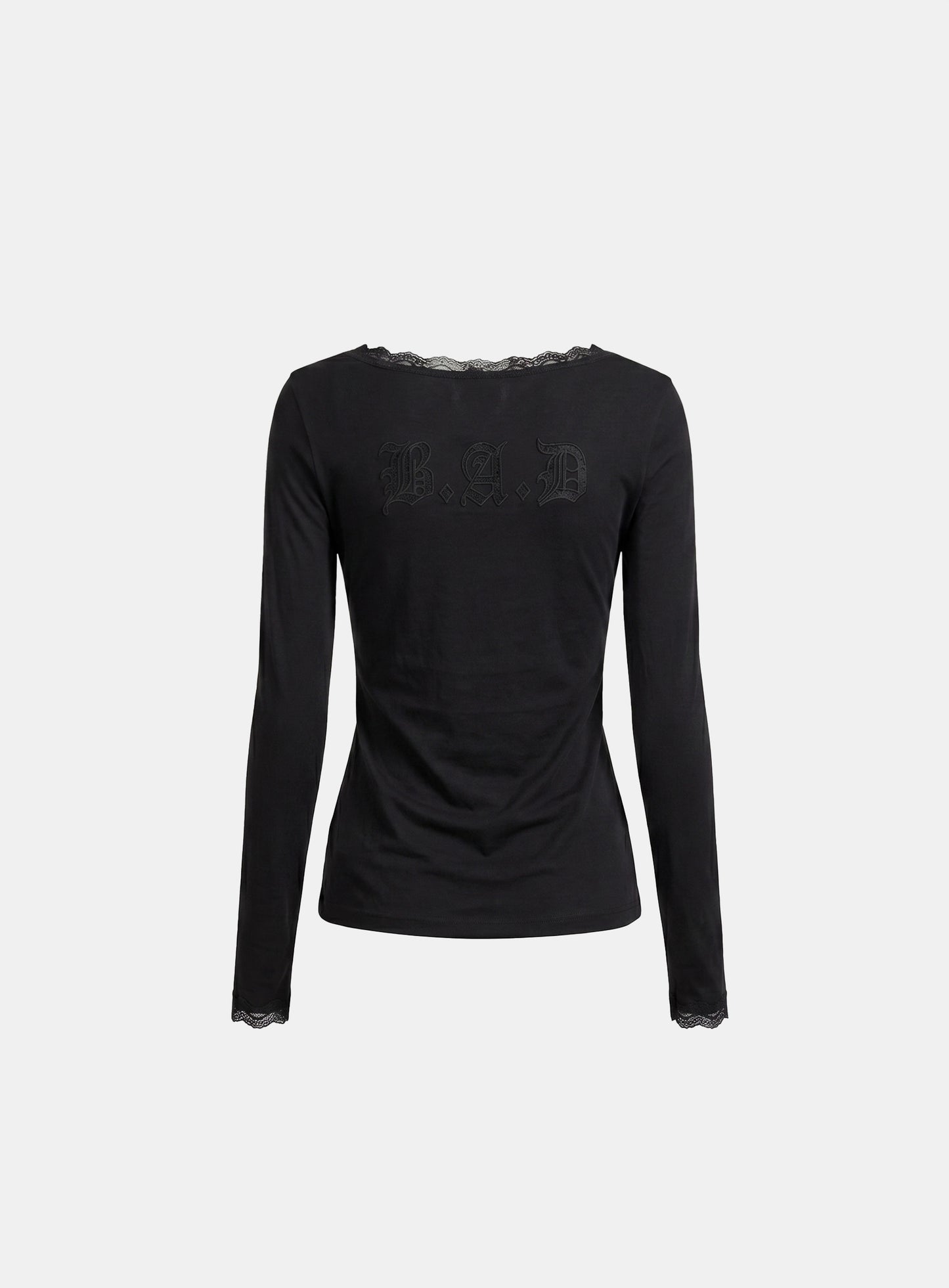 [w-tee26-177] Lace Layered Loose-Fit Long Sleeve T-Shirt - Black