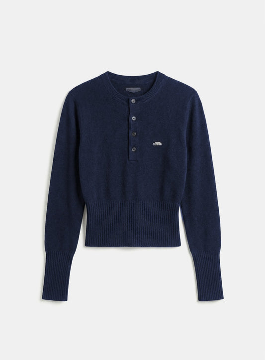 [w-knt26-024] Fine Merino Wool Knit Henley Neck - Navy