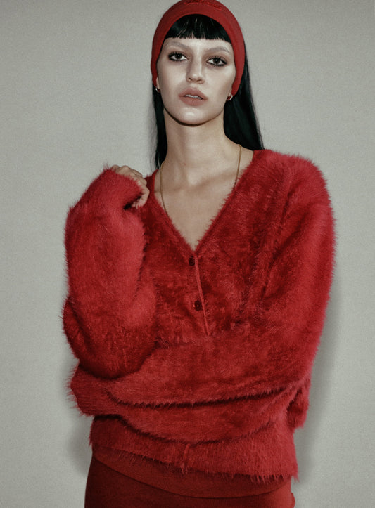 BS Mohair V-Neck Cardigan - Red