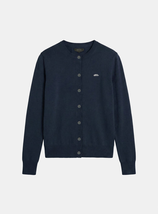 [w-knt26-015] Fine Merino Wool Crewneck Cardigan - Navy