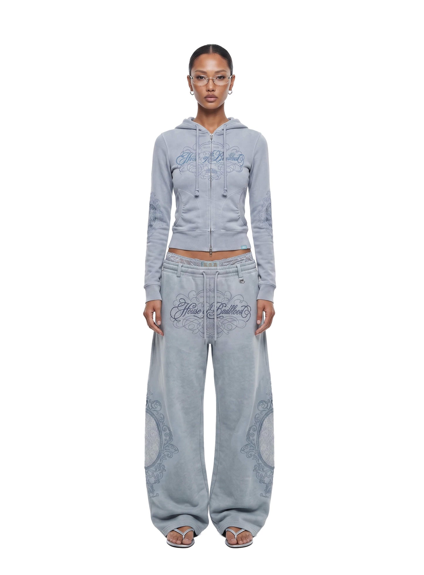 [w-hde26-054] H.B.B. Royal Lace Rhinestone Hooded Zip-Up - Blue