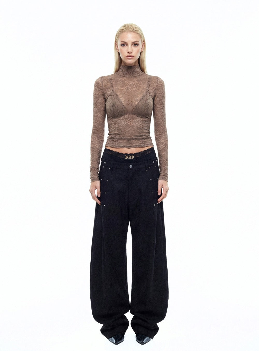 [w-tee26-281] H.B.B. Lace Turtleneck Long Sleeve - Nude
