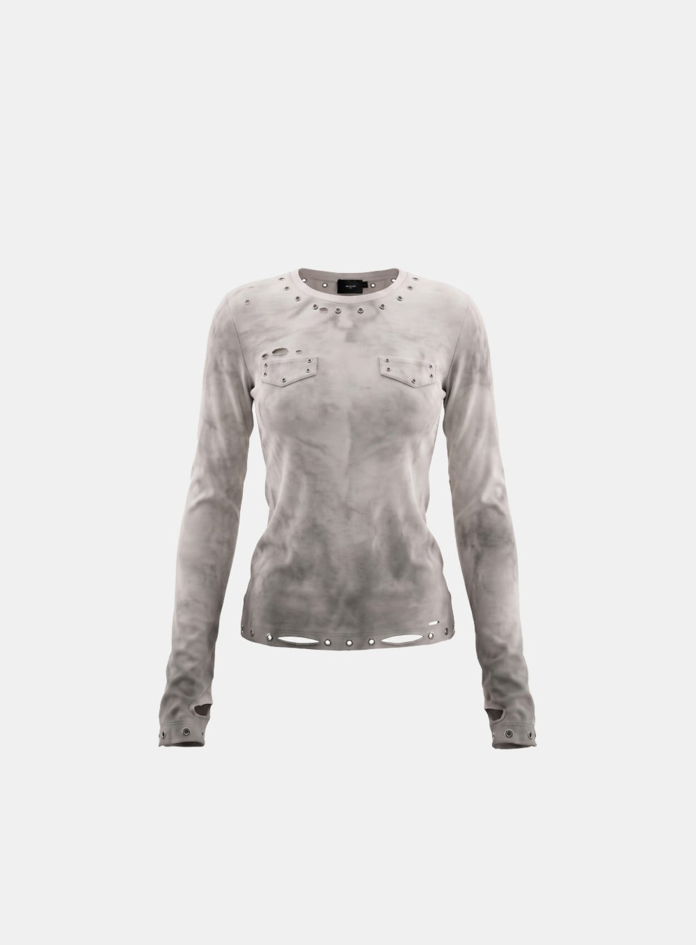 [w-tee26-269] Raven Distressed Eyelet Crewneck Long Sleeve - White