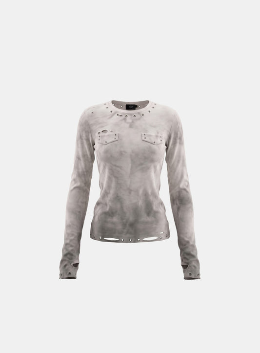 [w-tee26-269] Raven Distressed Eyelet Crewneck Long Sleeve - White
