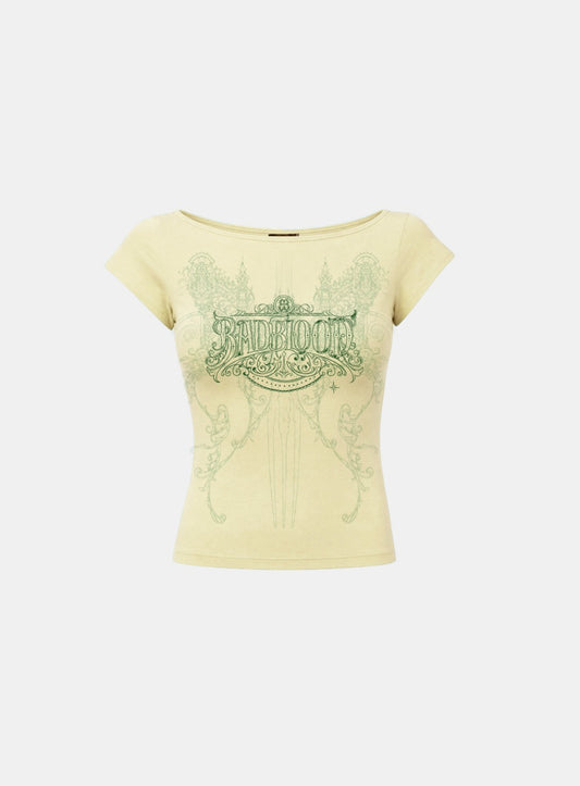 [w-tee26-252] Arcangel Graphic Boat Neck 1/2 T-shirt - Yellow
