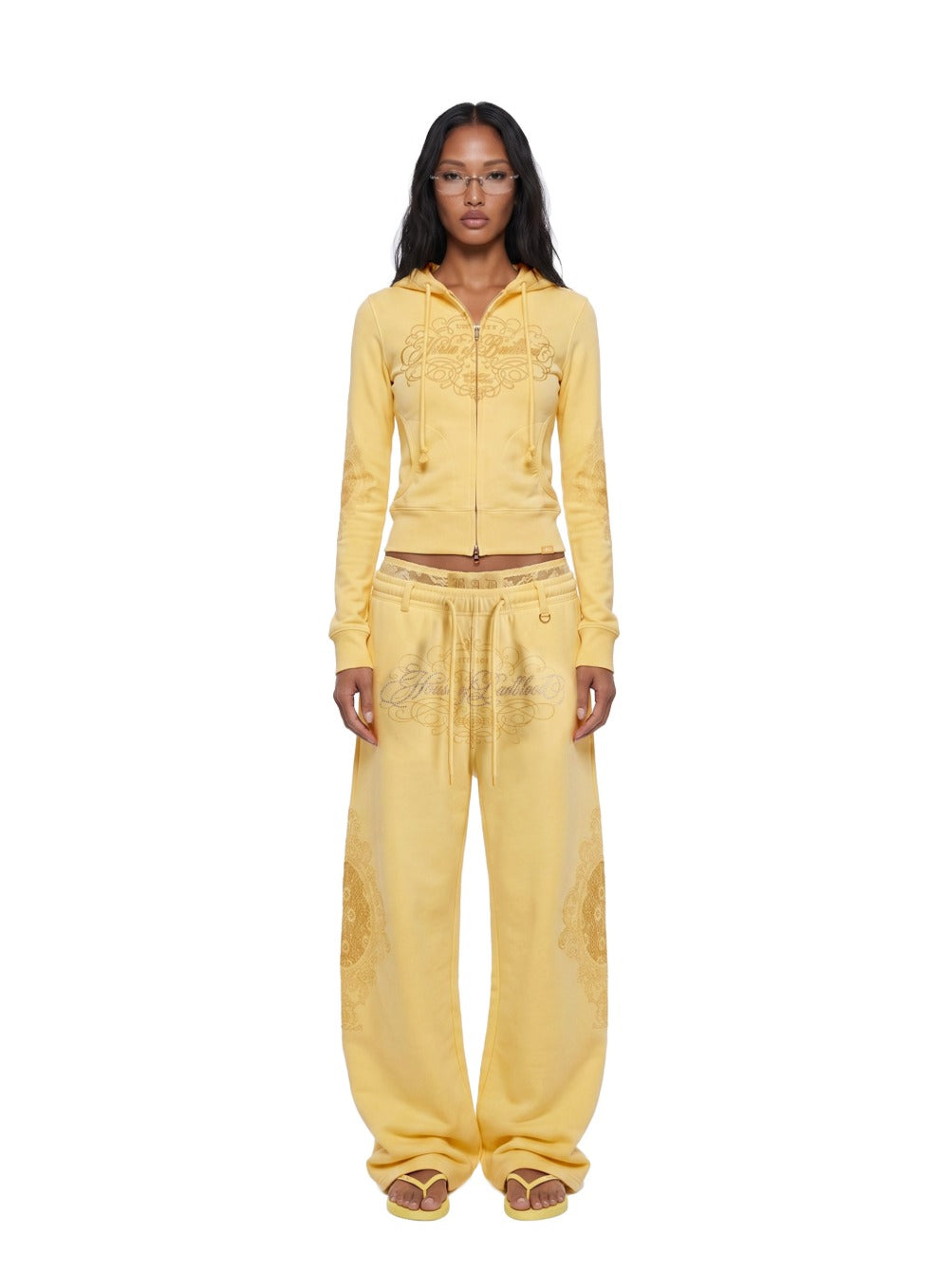 [w-hde26-053] H.B.B. Royal Lace Rhinestone Hooded Zip-Up - Yellow