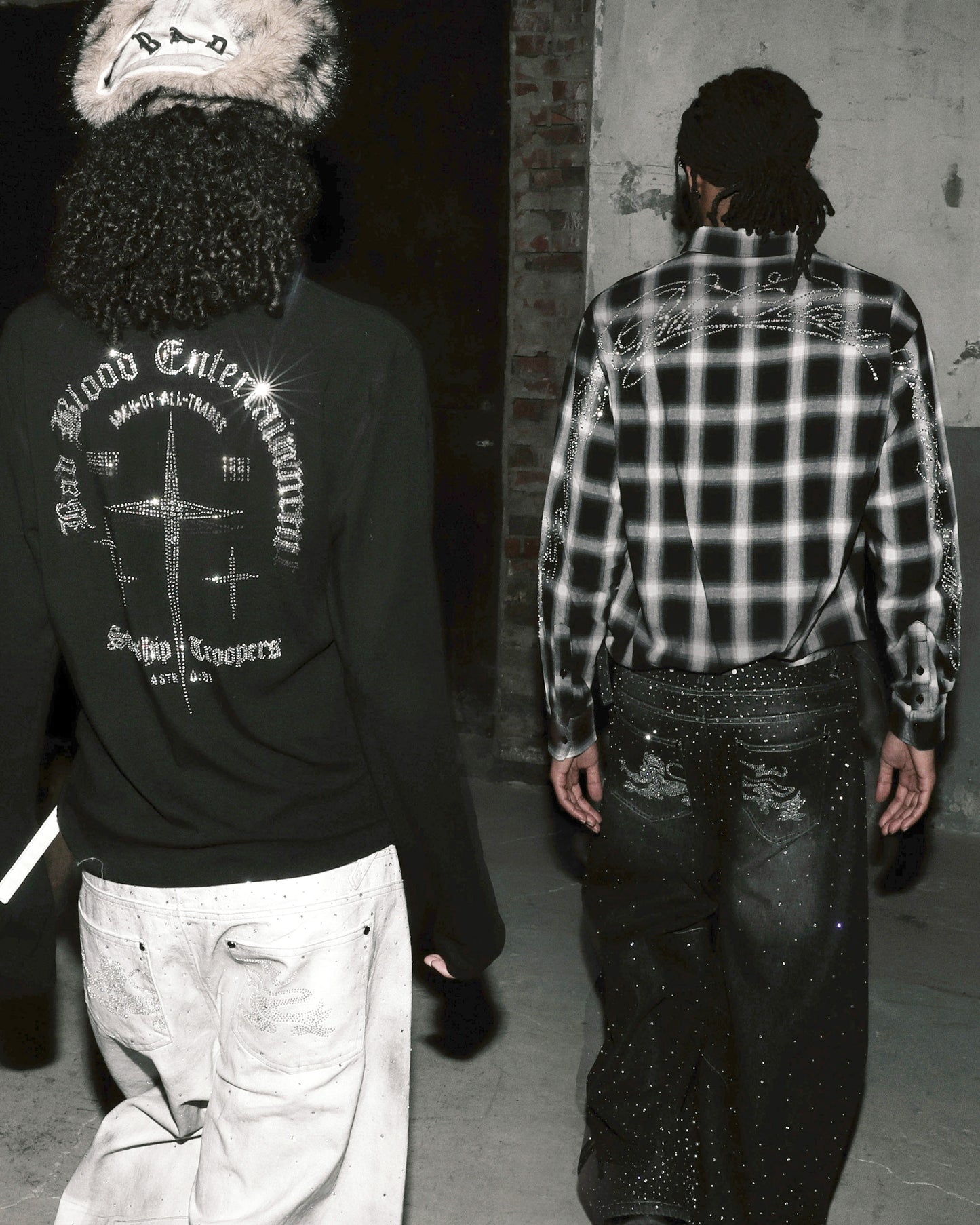 [w-sht25-017] Dark Classic MYM Rhinestone Shirt - White Check