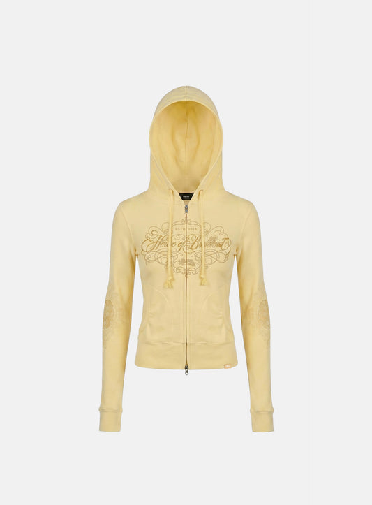 [w-hde26-053] H.B.B. Royal Lace Rhinestone Hooded Zip-Up - Yellow