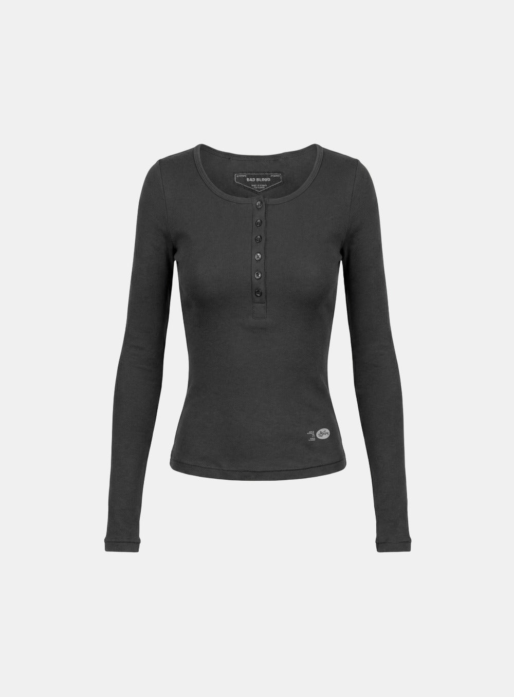 [w-tee26-043] BS Cotton Jersey Fitted Henley Neck Long Sleeve T-Shirt - Charcoal