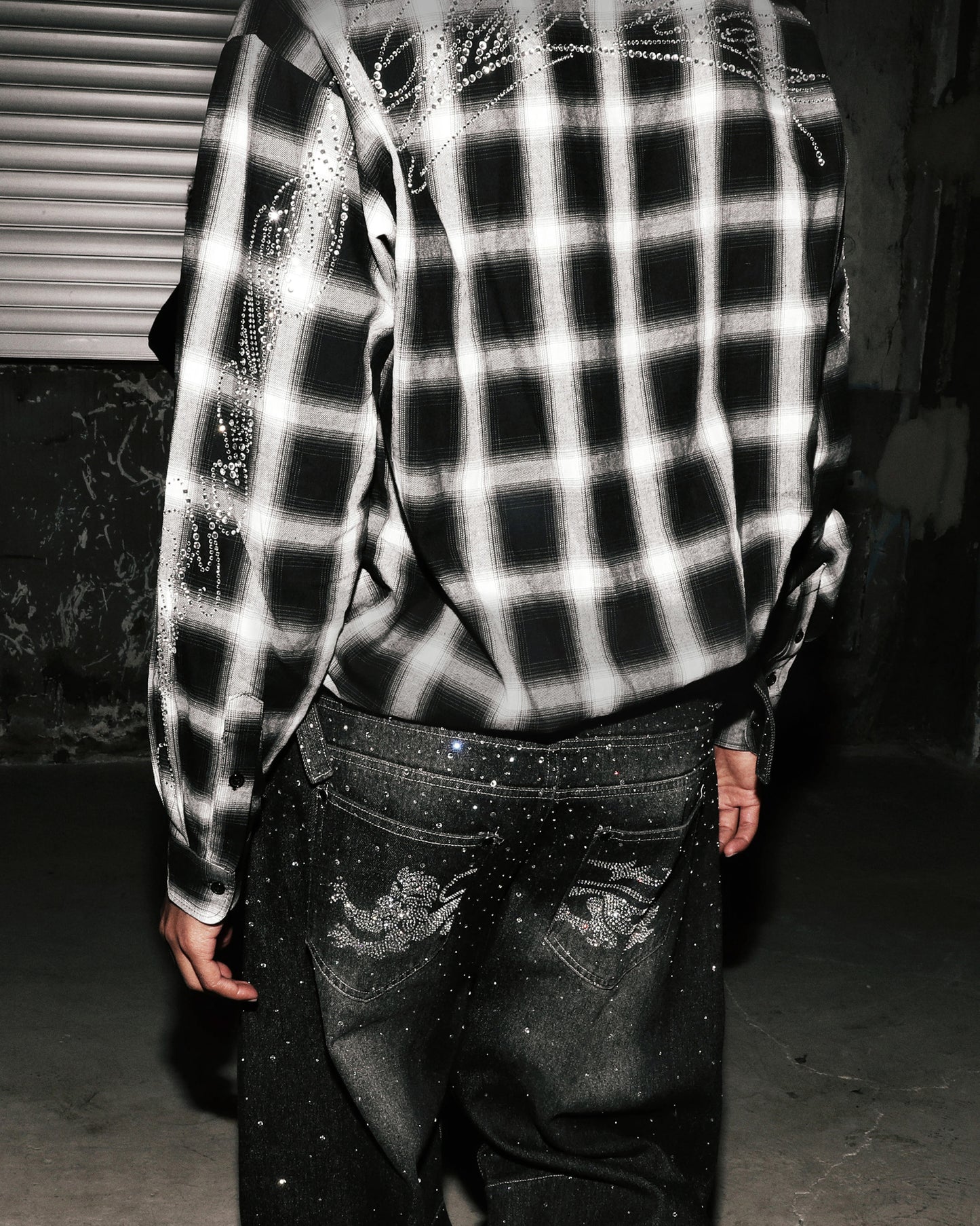 [w-sht25-017] Dark Classic MYM Rhinestone Shirt - White Check