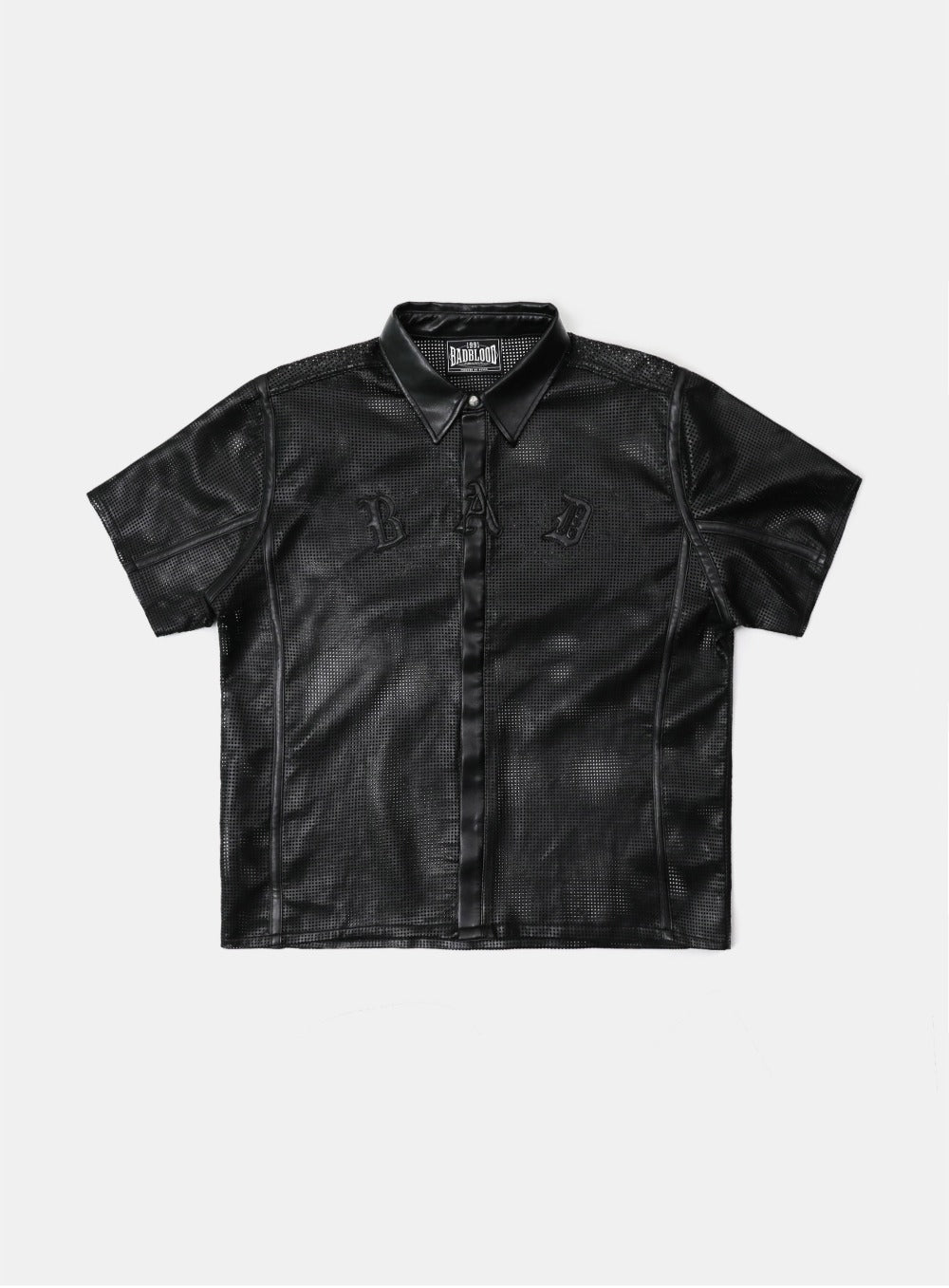 Perforated leather short sleeve shirt - black