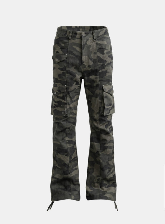 [w-pts26-118] Delta Low Crotch Bootcut Cargo Pants - Green Camo