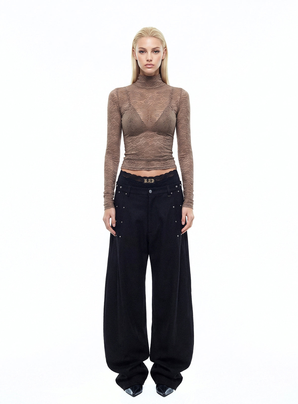 [w-tee26-281] H.B.B. Lace Turtleneck Long Sleeve - Nude