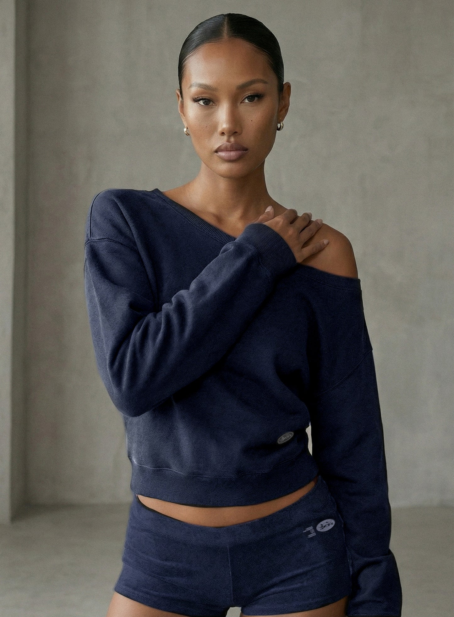 [w-sweatshirt26-003] BS Soft Terry Off-the-Shoulder Sweatshirt - Charcoal