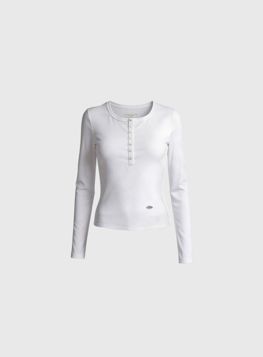 [w-tee26-057] Sleek Cotton Henley Neck Long Sleeve T-Shirt - White