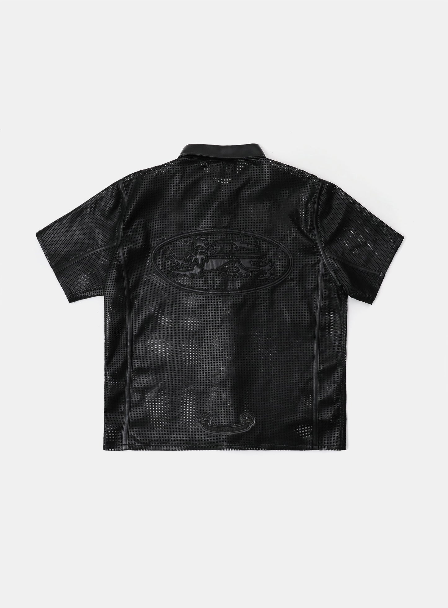 Perforated leather short sleeve shirt - black