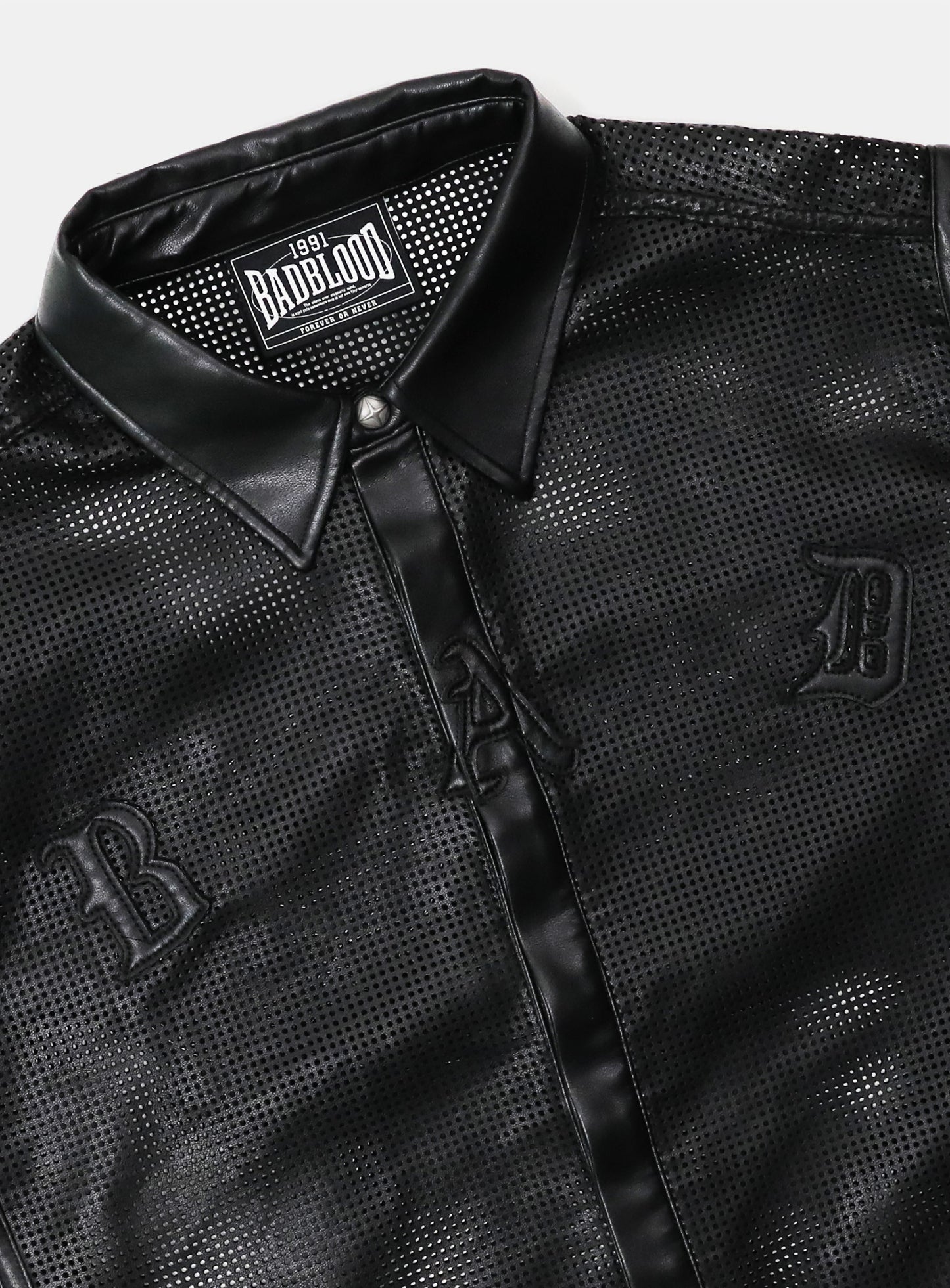 Perforated leather short sleeve shirt - black