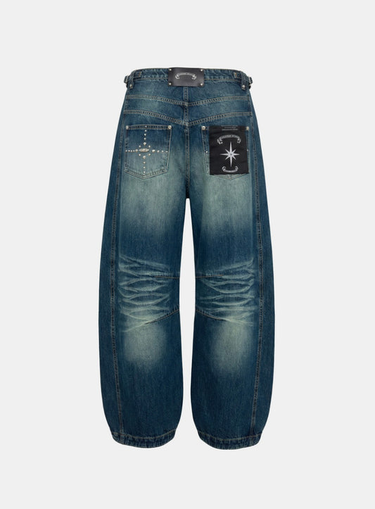 [w-pts26-010] Star-Studded Barrel Jeans - Mid Blue