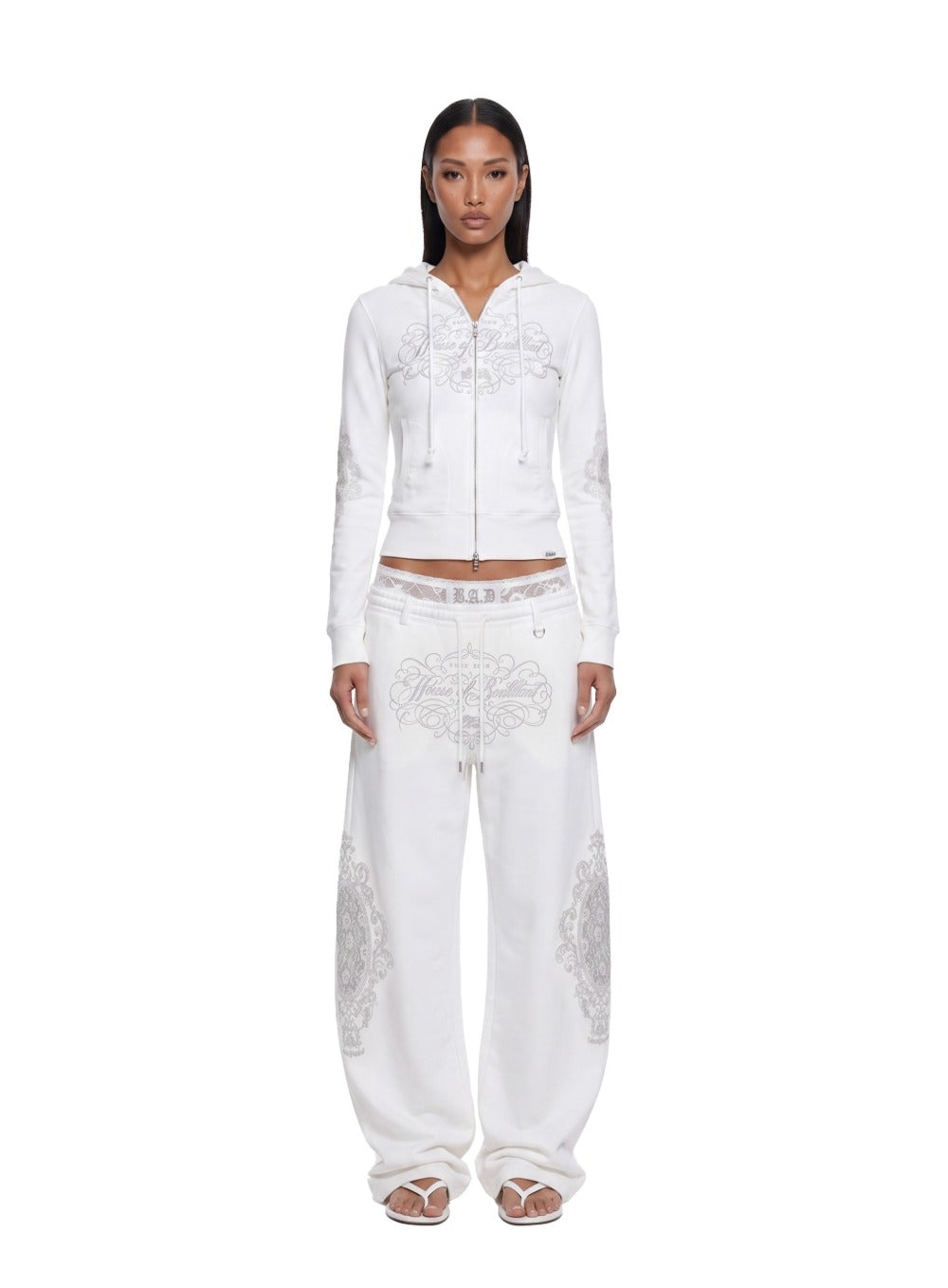 [w-hde26-052] H.B.B. Royal Lace Rhinestone Hooded Zip-Up - White
