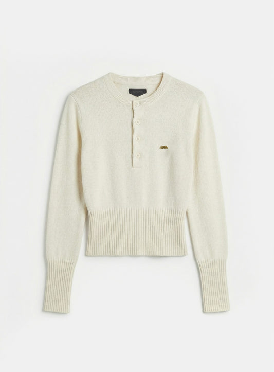 [w-knt26-023] Fine Merino Wool Knit Henley Neck - Cream