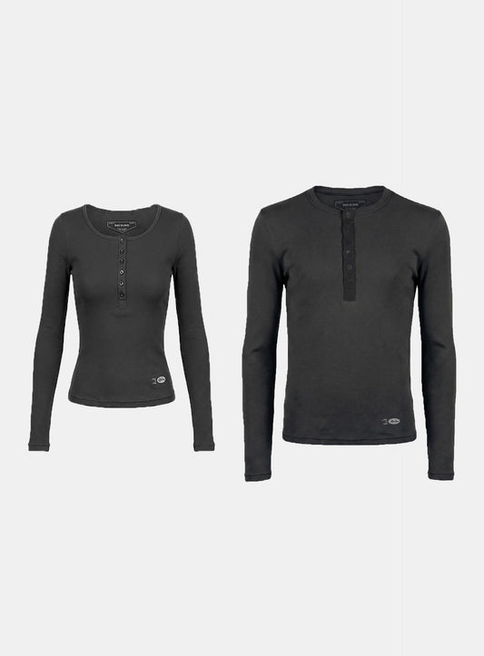[w-tee26-043] BS Cotton Jersey Fitted Henley Neck Long Sleeve T-Shirt - Charcoal