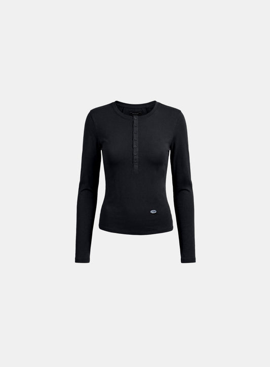 [w-tee26-060] Sleek Cotton Henley Neck Long Sleeve T-Shirt - Black