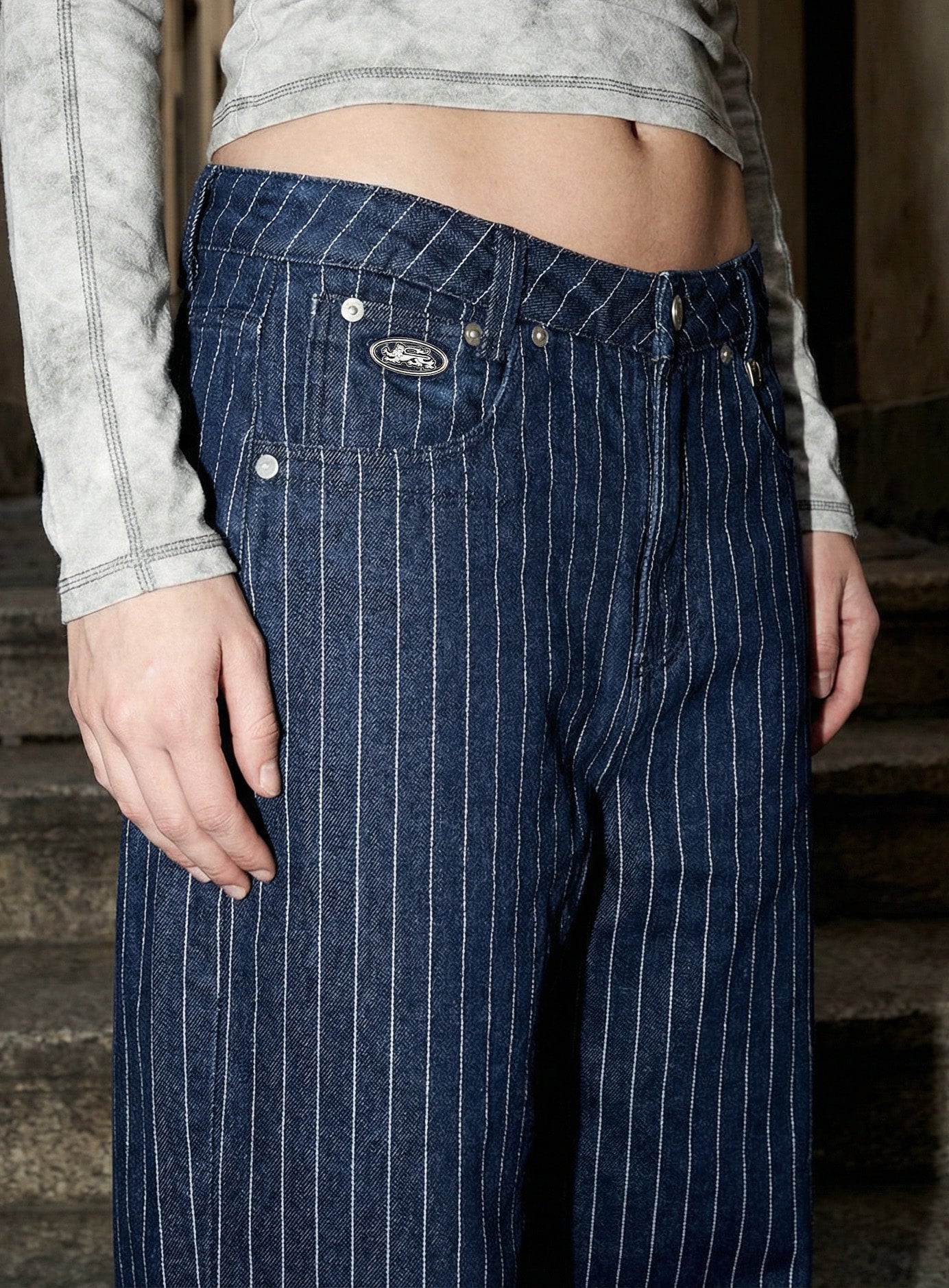 [w-pts25-106] 0519 Shinchiback Curved Pants - Blue/Striped